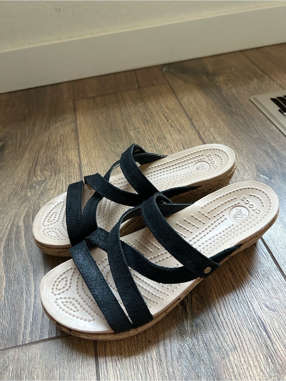Black striped croc sandals